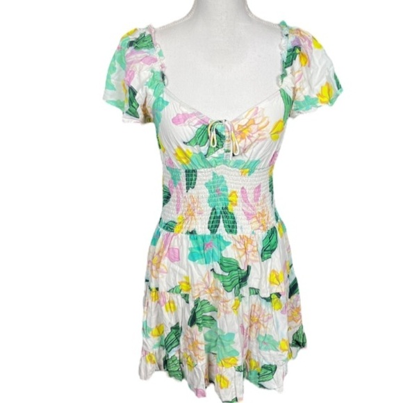 Cleobella Dress Womens Small Tropical Floral Leafy Smocked Beachy Vacation Boho - Picture 2 of 15